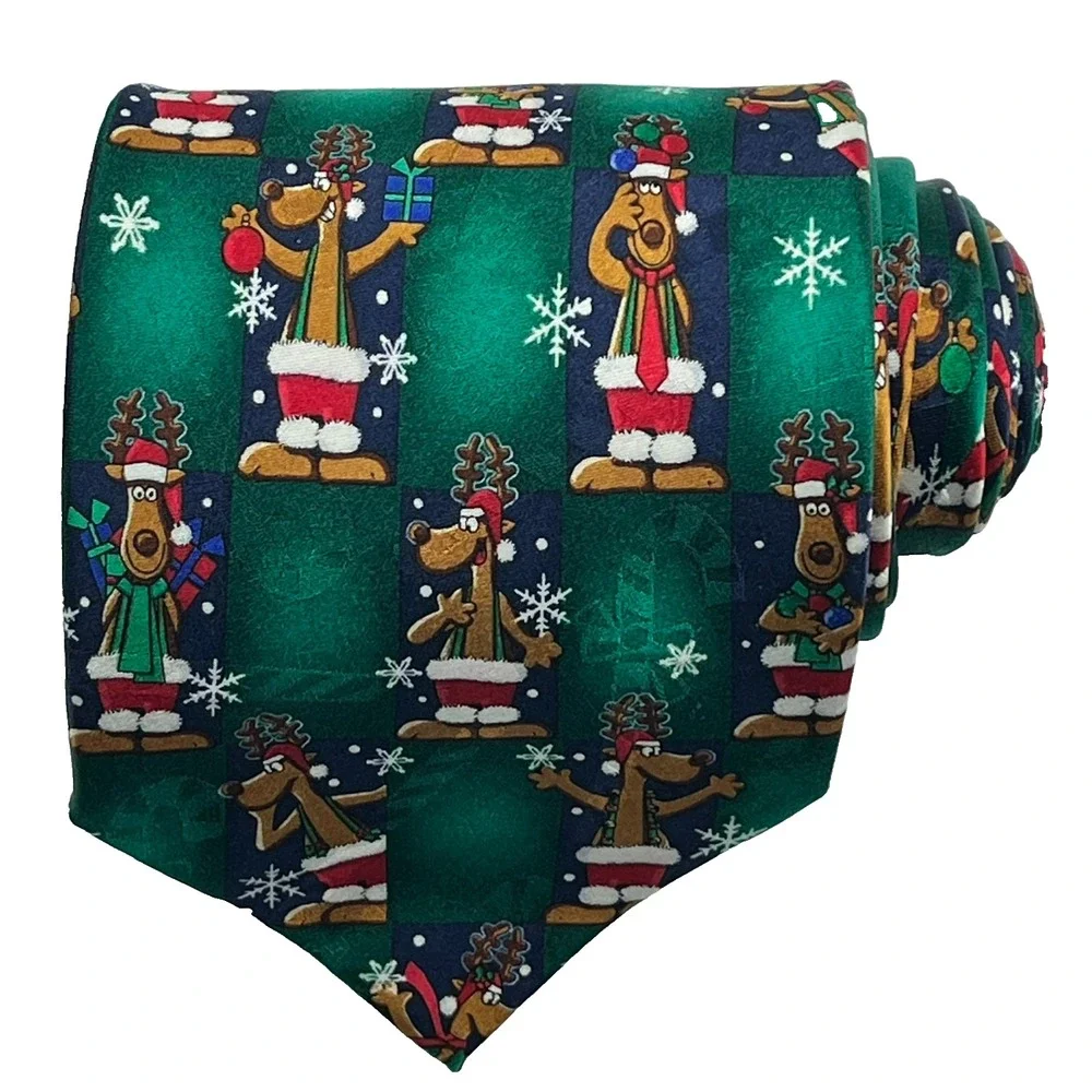 Yule Tie Greetings Silk Hand Made Men's Necktie‎ Holiday Party Festive Reindeer